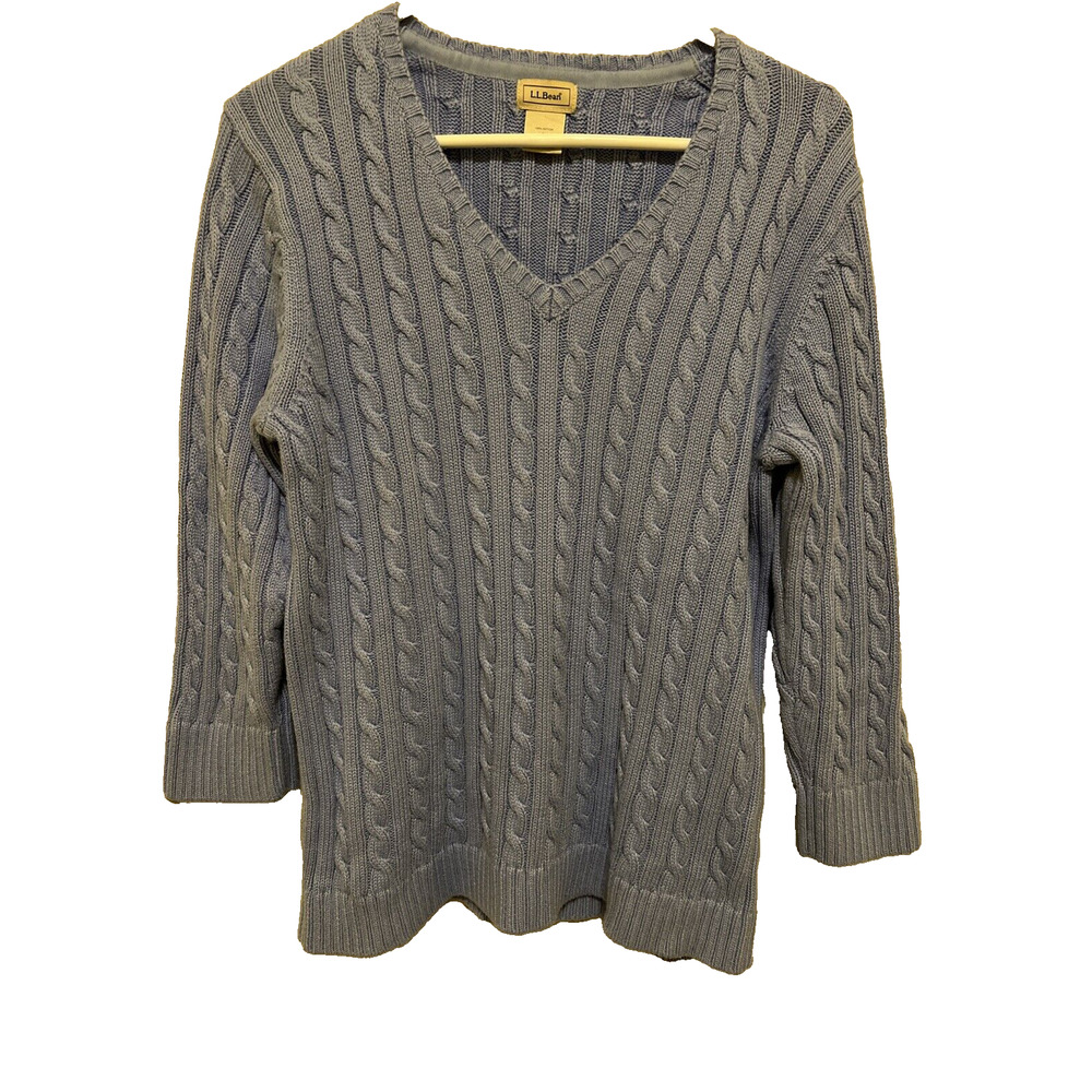 L.L. Bean Cable Knit Sweater Women's Size Large Periwinkle Blue 100% Cotton